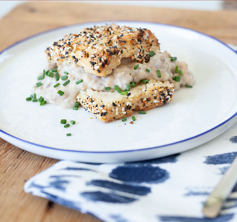 Everything Bagel Biscuits with Sausage Gravy