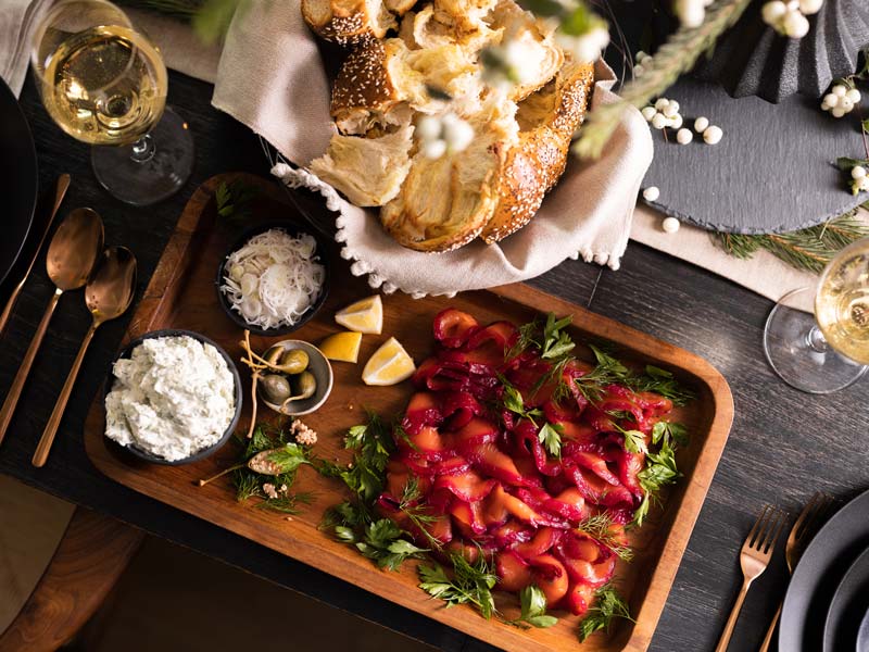 Beet Cured Salmon Lox on a brunch table