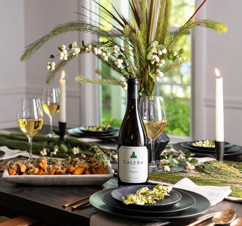 Calera Viognier on a Christmas table with Sweet Potatoes with Chestnut Cream