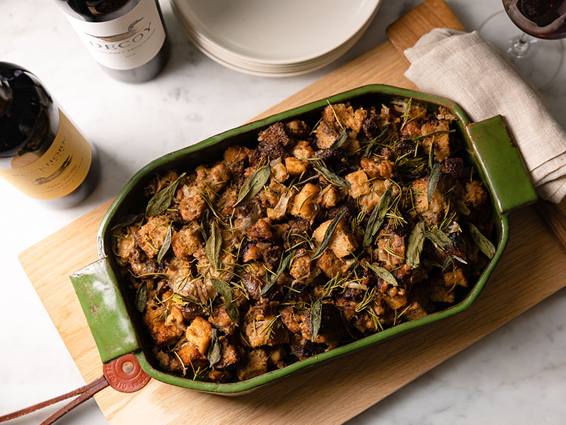 Dish of stuffing on kitchen counter