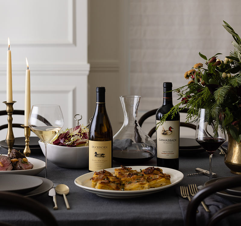 Christmas table with a Duckhorn Vineyards and Canvasback wine