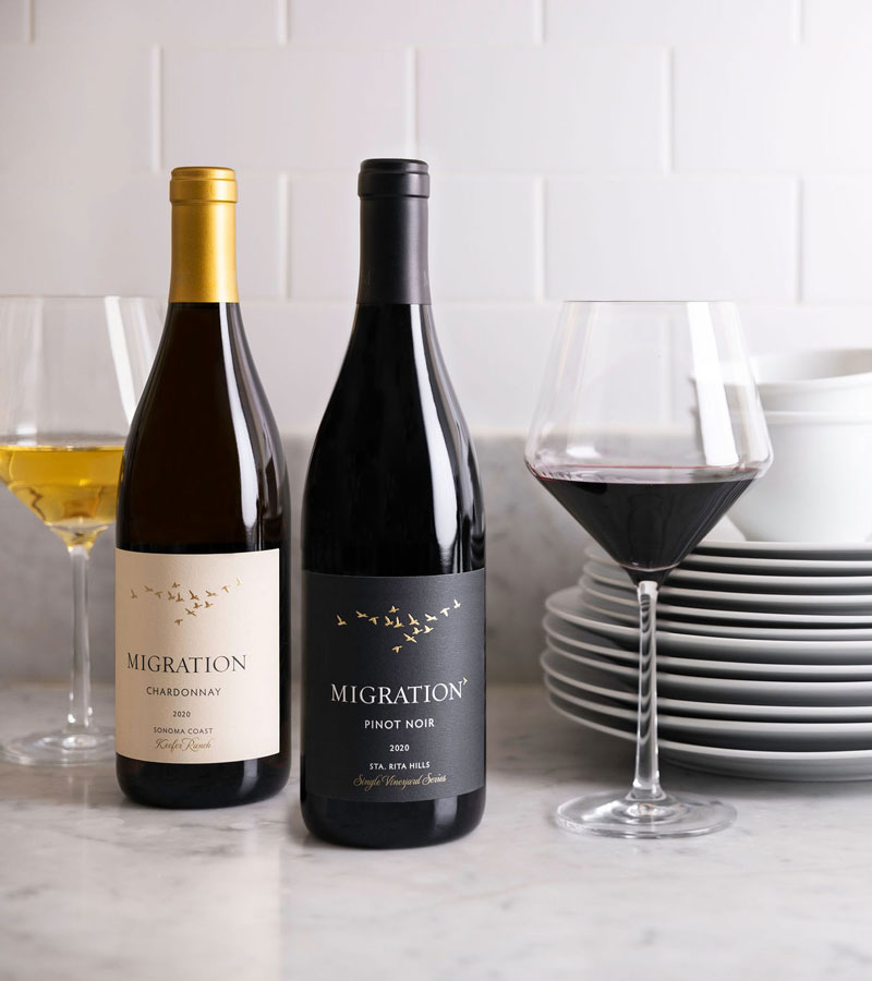 Migration wines with plates and wine glasses