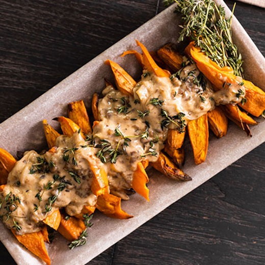 Roasted Sweet Potatoes with Caramelized Onion and Chestnut Cream