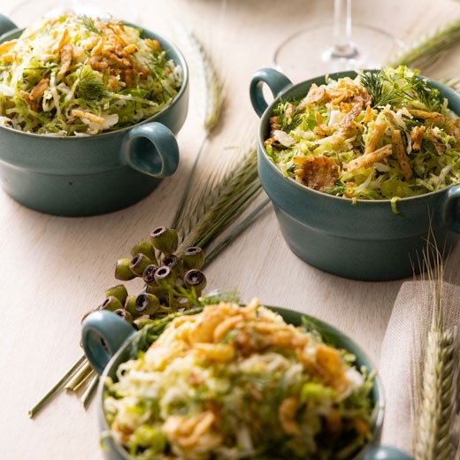Shaved Brussel Sprouts with Crispy Onions and Lemony Dill Vinaigrette