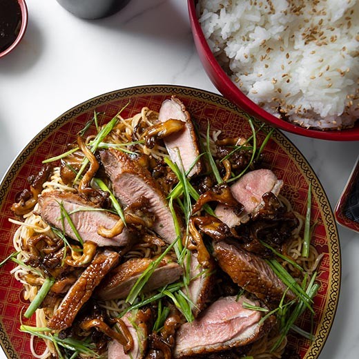 Scallion Oil Noodles with Glazed Duck and Oyster Mushrooms