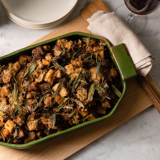 Rye Bread Stuffing with Braised Shallots, Italian Sausage, Crispy Sage and Rosemary